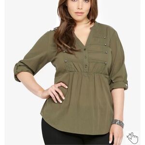 Torrid plus size 4 olive green Military inspired top buttons v neck roll sleeves